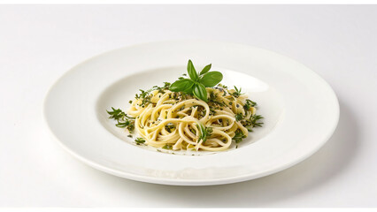 Pasta with herbs on plate closeup isolated on white background