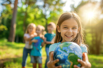 Kids embracing globe. Renewable and sustainable resources. Environmental and ecology care concept