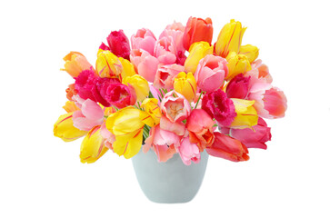 Multicolored tulips in a vase, isolated on transparent background, colorful tulips