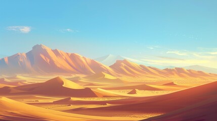 A vast desert expanse with towering sand dunes glowing golden in the afternoon sun.