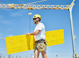 Construction worker carrying plywood construction site