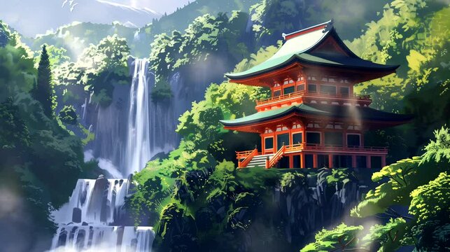 A serene temple near by a cascading waterfall. Anime or digital painting style, looping 4k video animation background