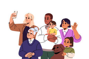 Big family smiles, taking selfie with dog. Several generations: kids, parents, granny do joint photo, picture. Happy people photography together. Flat isolated vector illustration on white background