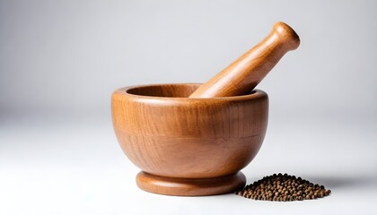 Wooden Mortar herb isolated on white Background 