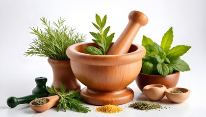 Wooden Mortar herb isolated on white Background 