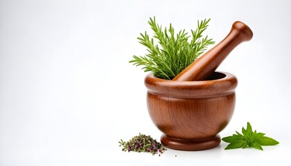 Wooden Mortar herb isolated on white Background 