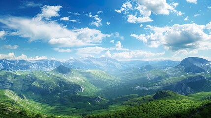 Obraz premium Ecological Environment Protection Promotion Natural Landscape Poster Background Material, Green Mountains Under Blue Sky and White Clouds 