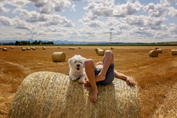 Beautiful blond child, boy, sitting on haystack with his sweet little maltese pet dog. Amazing...
