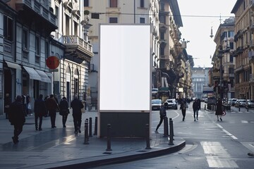 Vertical blank billboard in the city street, a blank billboard with copy space for text or content, mockup of a blank billboard in a big city, evening scene. Space for your ad