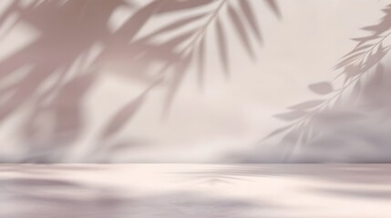 Blurred shadow from palm leaves on the light pink wall. Minimal abstract background for product presentation.