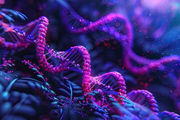 Obraz premium Colorful abstract representation of DNA strands, showcasing the detailed structure and complexity of genetic material in a vibrant digital illustration.