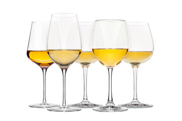 Set of white wine glasses isolated on white background. Rose wine splashing in glassware.