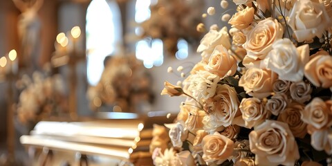 A somber funeral scene with a floweradorned coffin at a church service. Concept Funeral Scene, Church Service, Somber Atmosphere, Flower-Adorned Coffin, Mourners