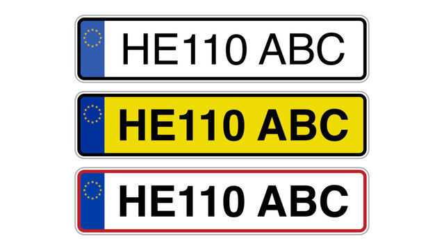 Number plate. European car license plate vehicle registration isolated sign. Vehicle registration plates of Europe. Vector illustration.