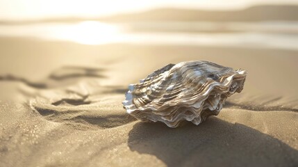 Oyster in the style of jewelry on a beach.