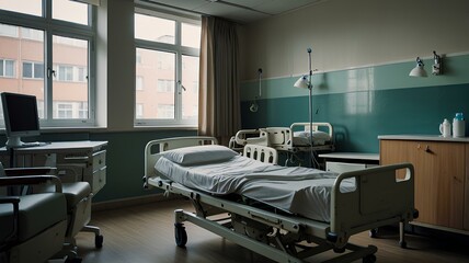 Empty hospital bed in hospital ward with chairs and other medical equipments and stuffs.