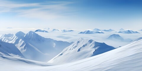 Fototapeta premium Snowy mountain peak rising above clouds white slopes against blue sky. Concept Winter Scenery, Mountain Landscape, Snowy Mountaintop, Blue Sky, Clouds