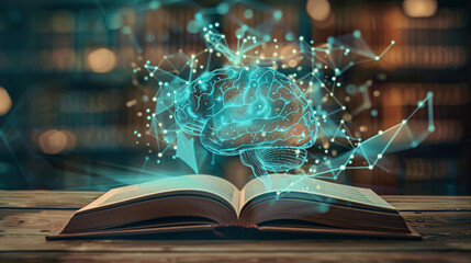 An open book with an AI brain floating above it, surrounded by glowing connections and data points symbolizing artificial