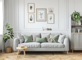 Minimalist Scandinavian living room interior with a grey sofa, wooden floor and pastel green pillows on the wall with picture frames