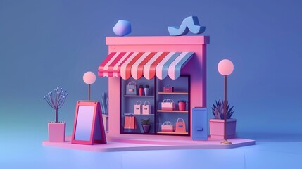 Futuristic 3D cartoon of minimalist e commerce platform, concept of online business, sleek design