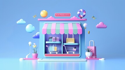 Futuristic 3D cartoon of minimalist e commerce platform, concept of online business, sleek design