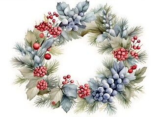 Fototapeta premium Watercolor Winter Christmas Flower Leaves Wreath