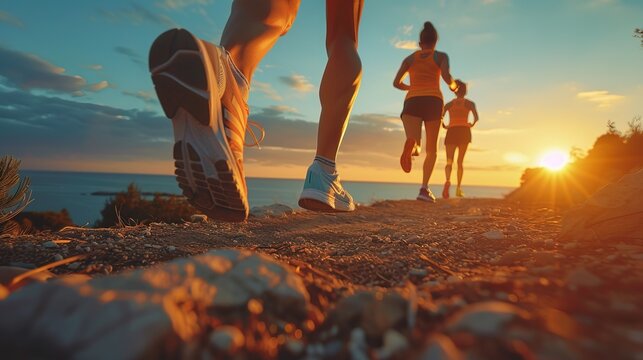 close up legs runner group running on sunrise seaside trail