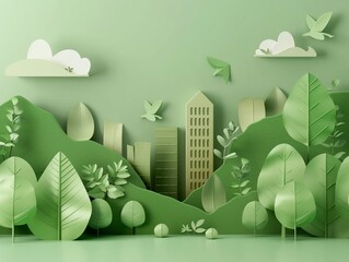 3D cartoon of minimalist eco friendly business practices, concept of sustainability, green themes