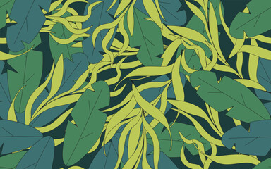 Hawaii shorts Print design. Seamless pattern with Tropical Leaves. Summer Wall, textile printing design. Hand Drawn vector aesthetic can used wallapper. Editable stroke