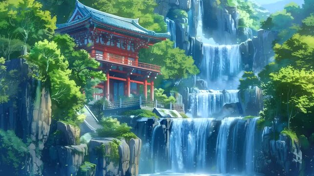 A serene temple near by a cascading waterfall. Anime or digital painting style, looping 4k video animation background