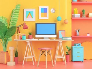 3D cartoon of a minimalist artistic workshop, concept of creativity, bright and inspiring