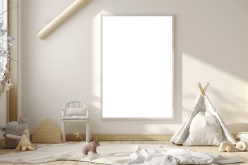 Modern Nursery Room Interior with Blank Poster Frame and Play Tent