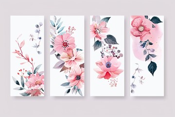 Pre made templates collection, frame - cards with pink flower bouquets, leaf branches.
