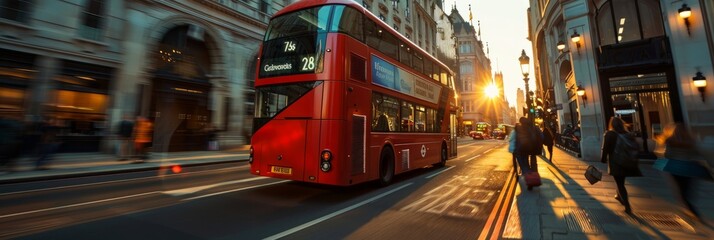 A red double-decker bus travels through a busy London street at sunset, highlighting the iconic...