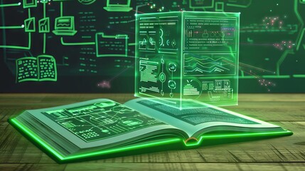 A glowing, futuristic book with holographic data projected from its pages.  A concept representing knowledge, technology, and innovation.