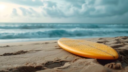 Obraz premium Surfboard at Rest on the Sandy Beach Against the Backdrop of Crashing Ocean Waves