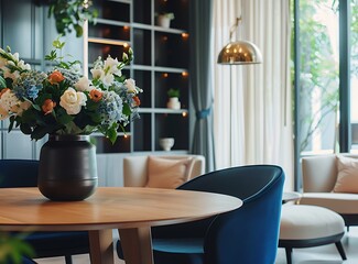 Fototapeta premium Modern dining room interior with a round wooden table, chairs and black shelves in the background