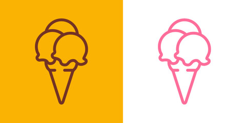 Logo ice cream. Silueta con líneas de cono de waffle con 3 bolas de helado en sabores fresa y chocolate © teracreonte