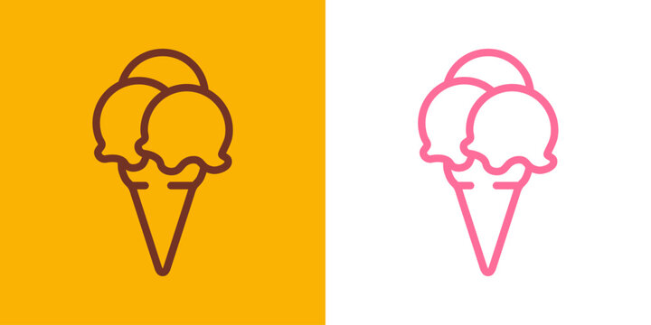 Logo ice cream. Silueta con l&iacute;neas de cono de waffle con 3 bolas de helado en sabores fresa y chocolate