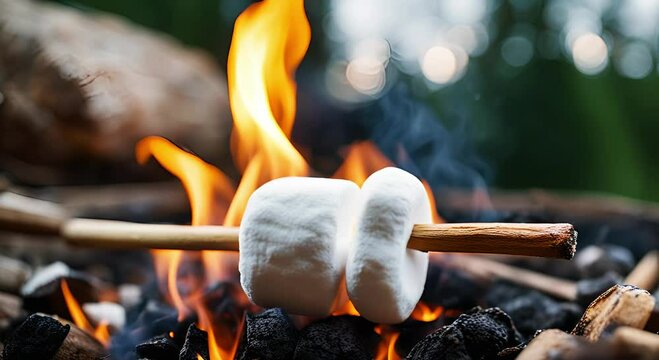 Slow motion video of a marshmallow on a stick being roasted over a campfire, defocused natural background.  Grilled marshmallow on a stick on open fire, barbeque theme