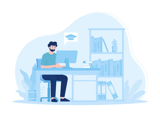 Sitting man studying online using a computer concept flat illustration