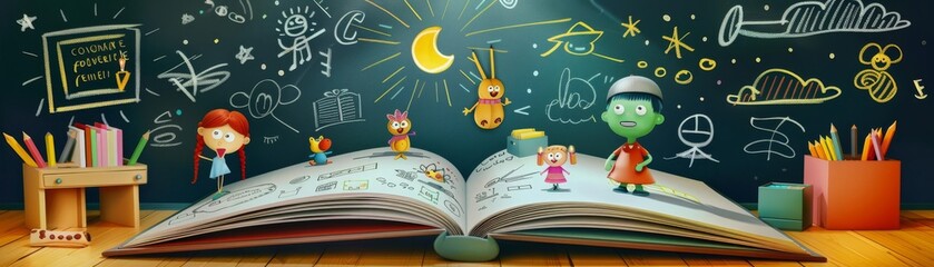 Open book with colorful characters and drawings on a chalkboard background.