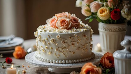 beautiful wedding cake on a table with flowers, looking down, beautiful, photography, realistic, natural light, colorful, food art, object photography, still life food photography, ultra hd, bokeh