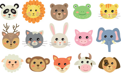 Collection of cute face animals. Hand drawn vector illustration of cartoon characters