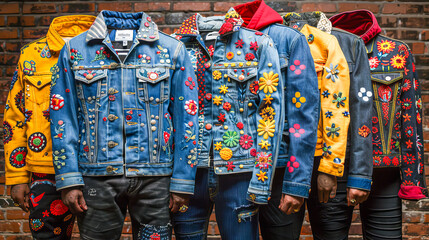 Vibrant embroidered denim jackets on display