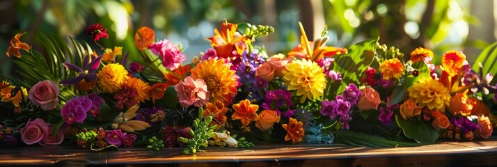 A vibrant flower arrangement, featuring a variety of tropical flowers, adorns a wooden table, creating a festive atmosphere