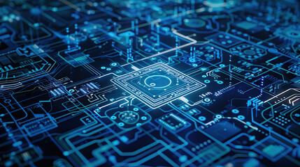 Blue digital technology background with mechanical elements and circuit board