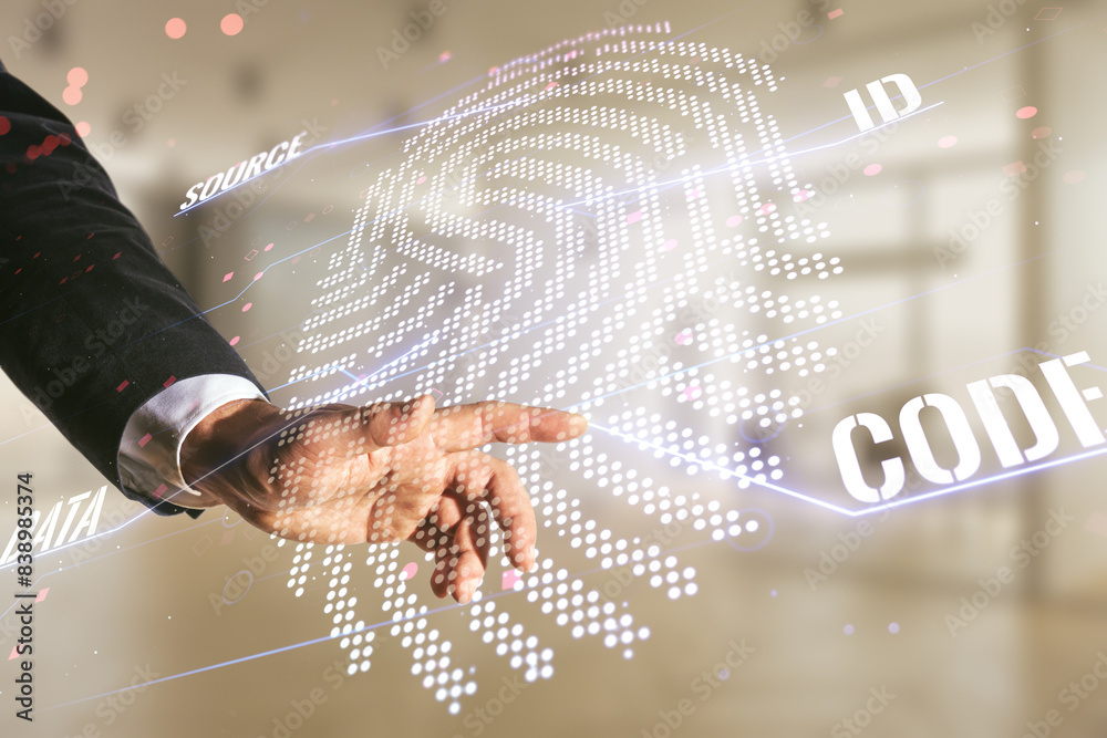 Aufkleber Multi exposure of programmer's hand working with virtual abstract fingerprint illustration on blurred office background, digital access concept