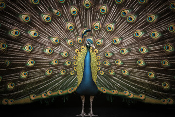 peacock with feathers, A high-definition, super realistic image of a flamboyant male peacock with its vibrant feathers fully fanned out, set against a solid black background © SANA