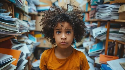 A young boy with curly hair stands in a library surrounded by towering stacks of books, looking overwhelmed